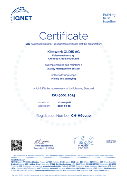Zertifikat für Kieswerk Oldis von IQNET 9001 2015 - 14.001 2015 -