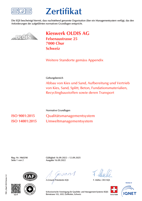 Zertifikat für Kieswerk Oldis von SQS 9001 2015 - 14.001 2015 -